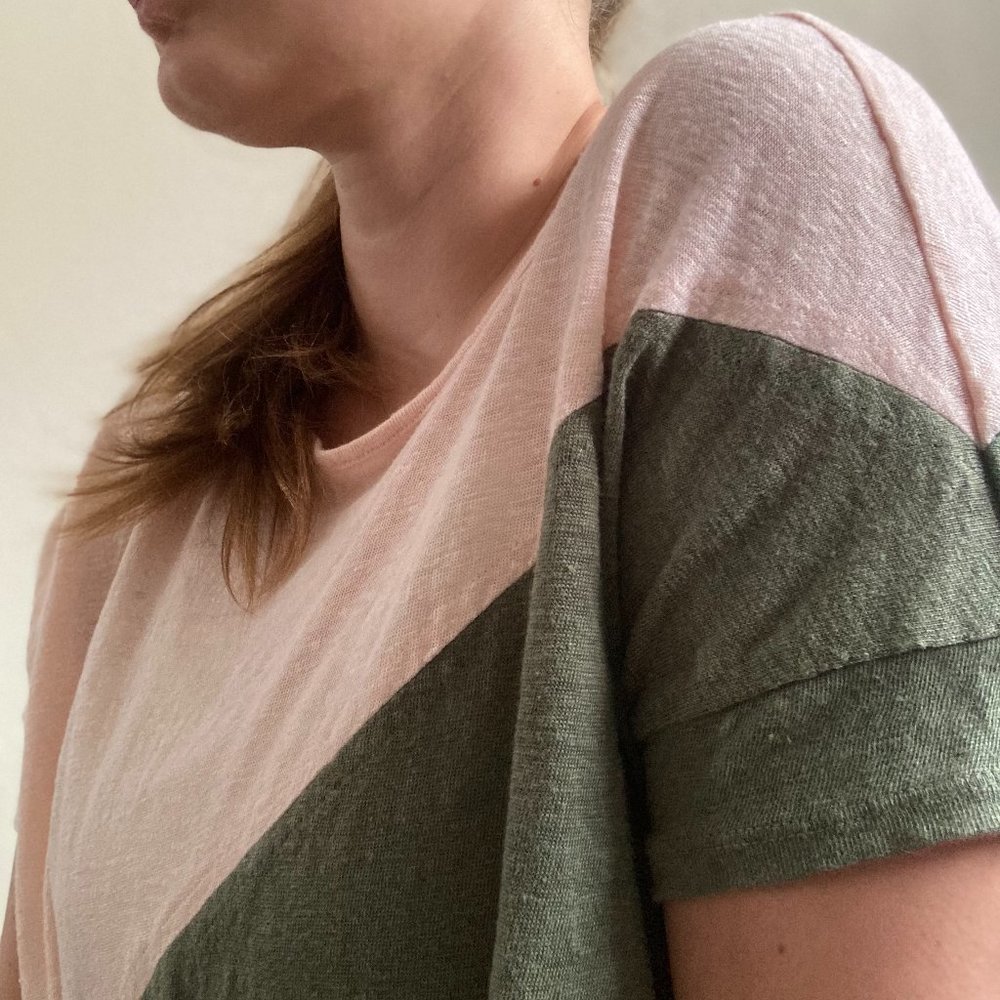 Bordeaux by Anthropology 100% Linen Olive Green & Blush Pink Two Toned Shirt - Picture 4 of 11
